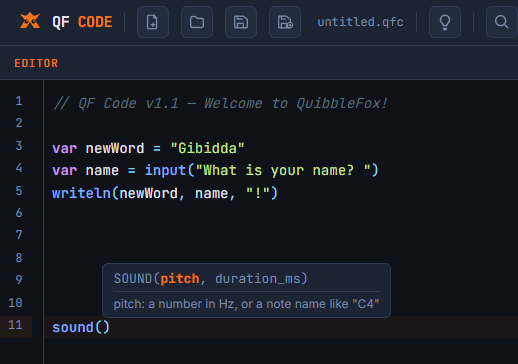 The QF Code browser editor showing a beginner-friendly program